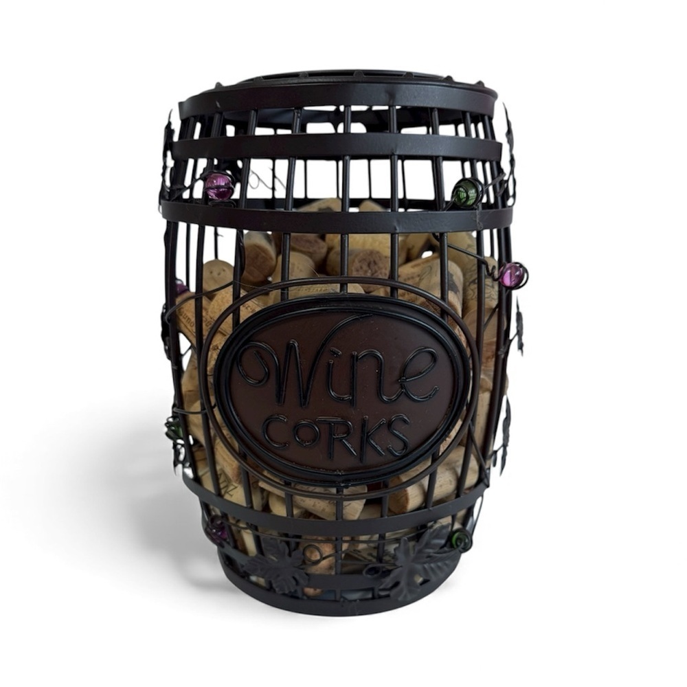 Metal Wine Barrel Cork Holder - Decorative Wine Cork Storage Bin with Grapes